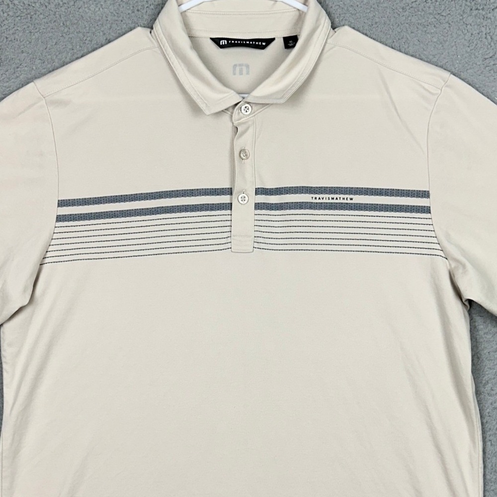Travis Mathew Polo Shirt Mens XL Beige Golf Striped Short Sleeve Rugby Casual